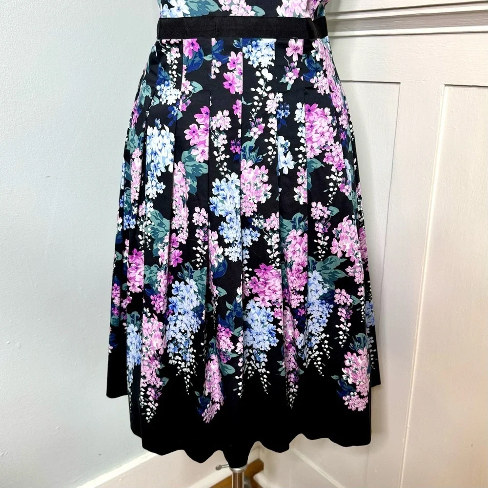 Talbots Floral Sateen Fit & Flare Dress Black Purple Blue White Flowers Size 10 - Picture 5 of 10